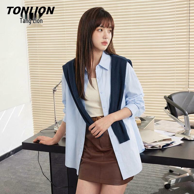 TonLion Women s Pure Cotton Long Sleeve Shirt with Cape M светло-синий