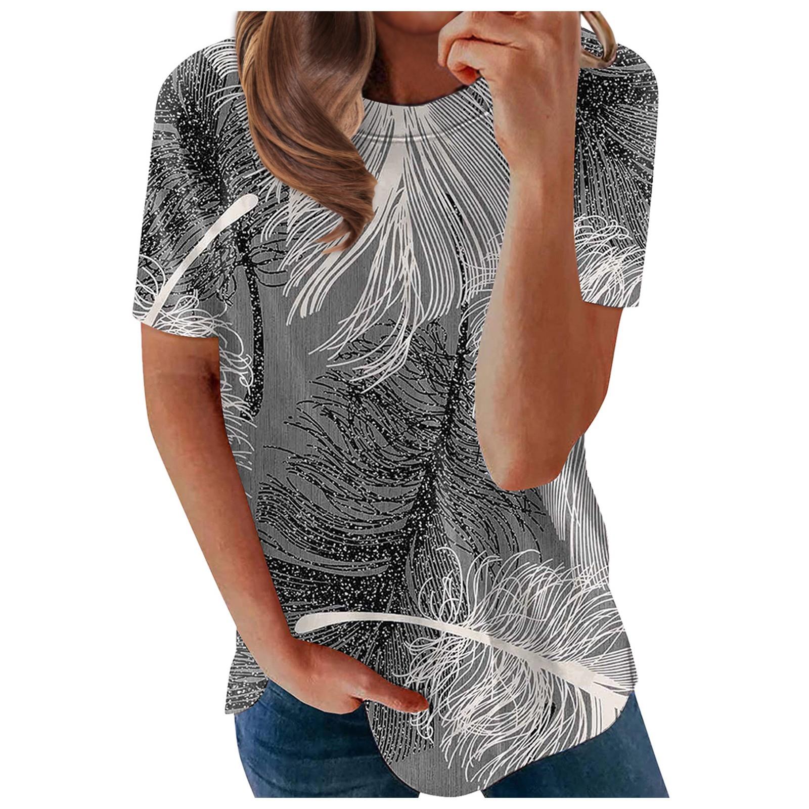 Women s Summer Feather Print Short Sleeve Round Neck Pullover T-shirt Top L