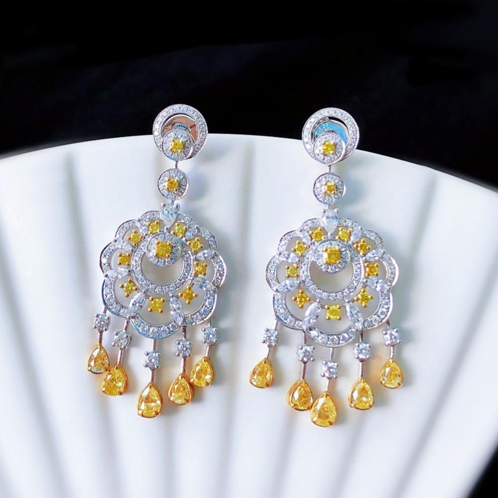 Luxury Asscher Cut Yellow Diamond Bohemian Earrings Full Diamond High Carbon Dangle Earrings for Women