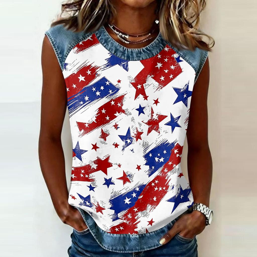 Women Sleeveless Pullover Tank Top Casual Round Neck Blouse Independence Day Print Shirt with Star Pattern and Abstract Design