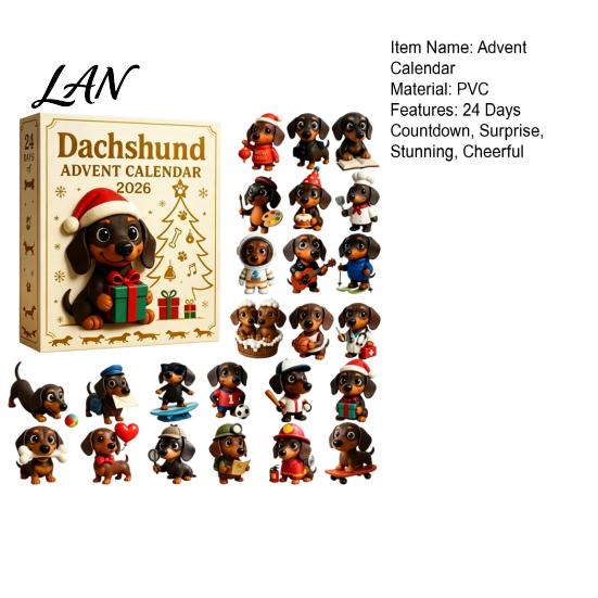 Creative Pet Themed Gifts 2026 Dachshund Advent Calendar, 24 Days 3D Collectible Dog Figures, Lovers Holiday Countdown Gift Puppy Ornaments Christmas