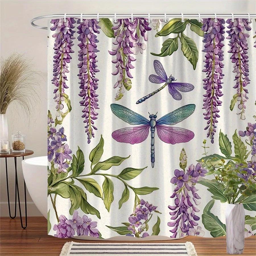 1pc Dragonflies and Wisteria Shower Curtain, Blue and Purple Dragonflies with Cascading Wisteria Flowers, Vintage Botanical Styl