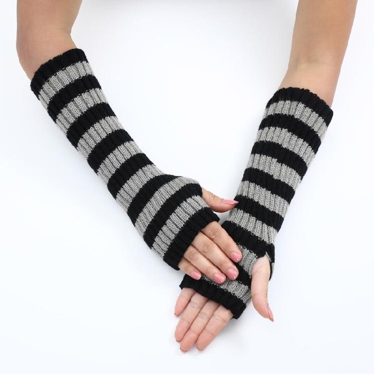 Teenagers Winter Half Finger Mitten Stripe Pattern Knit Keep Warm Lengthen Wrist