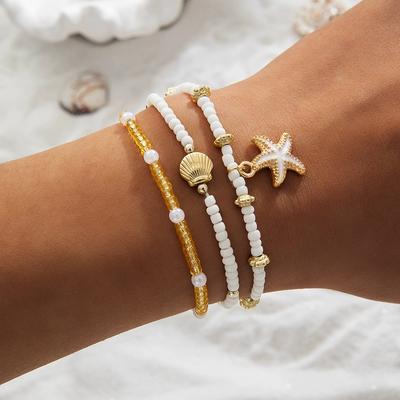 3Pcs Bohemian Starfish Scallop Bracelet Set For Women Elastic Rice Bead Chain Bangle Female Summer Seaside Beach Jewelry
