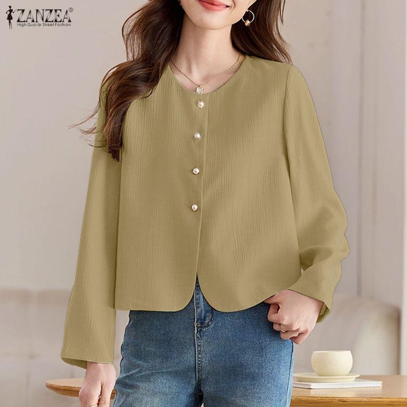 ZANZEA Damen Lässig Rundhals Einfarbig Locker Langarm Bluse