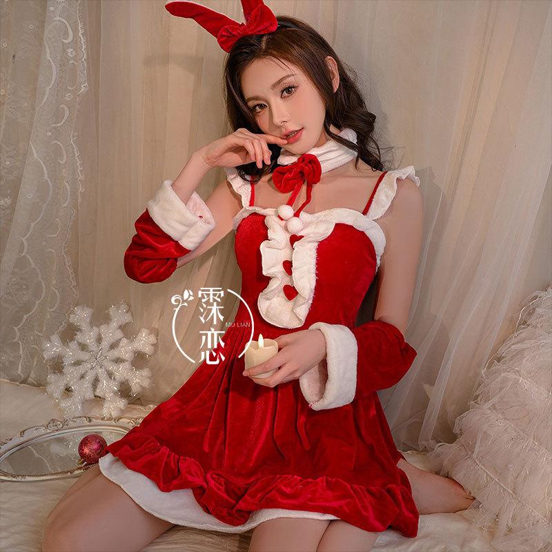 Sexy Underwear Velvet Christmas Cos Bunny Uniform Suspender Dress Women's Bed Nightgown Set
