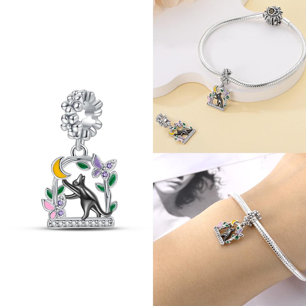 Original 925 Silver Black Cat Moon Cat Paw Pendant Charms Bead Fit Bracelet Women Jewelry Diy Anniversary Gift Accessories