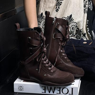Fashion Women's 2025 New Round Toe Flat High Top Dexun Shoes Versatile Casual Booties Mid-leg Boots