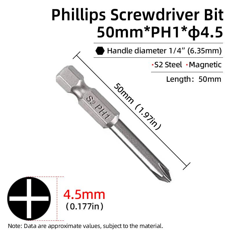 50mm Phillips Screwdriver Bit PH00/PH0/PH1/PH2 1/4” Hex Shank Magnetic S2 Steel Cross Head Screw Driver Bits Hand Power Tools