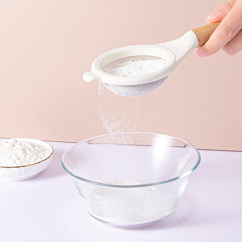 Wooden Handle Sieve Stainless Steel Fine Mesh Flour Sifter Colander Sugar Cocoa Matcha Powder Flour Colander Hand-Held