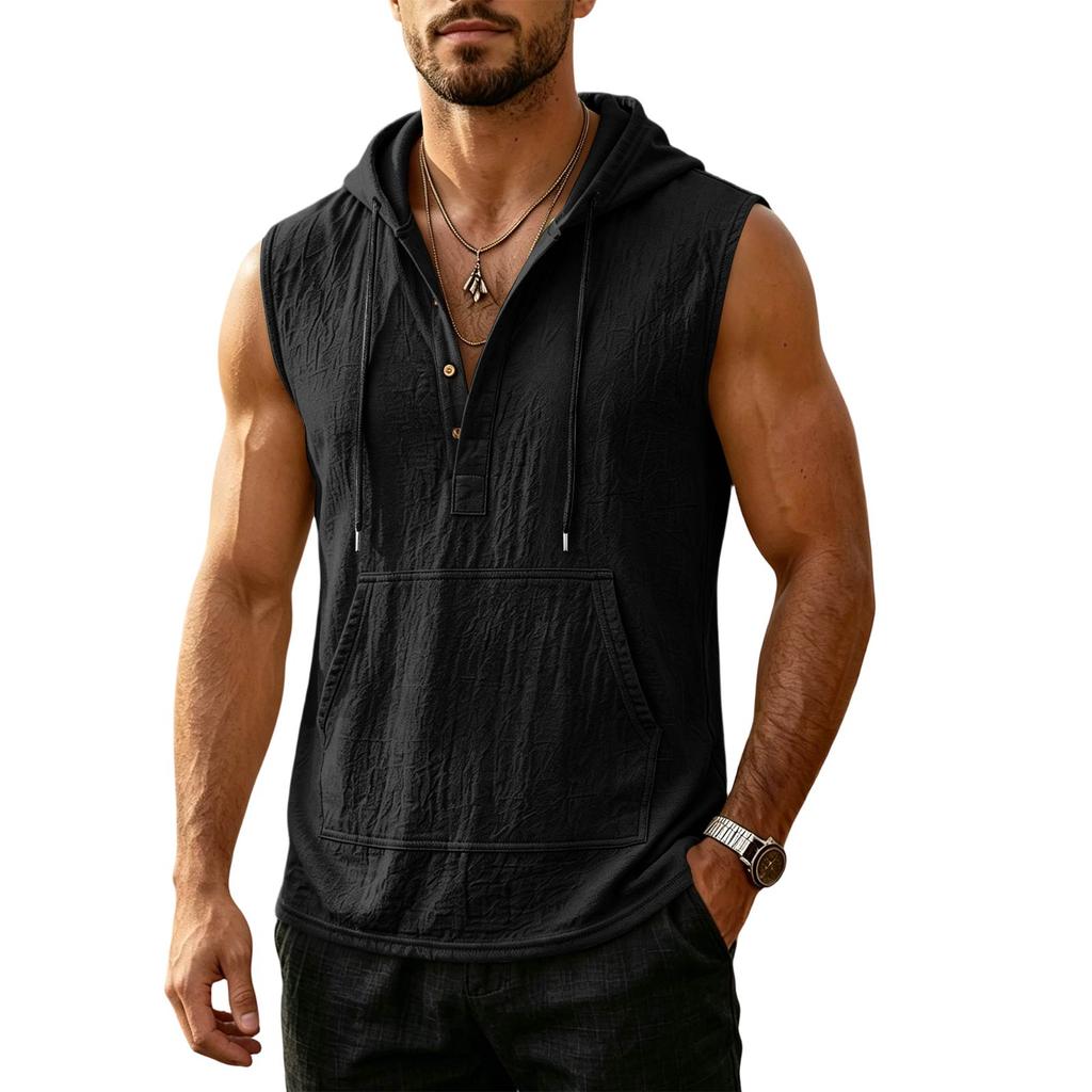 Men's Summer Loose Fit Sleeveless Hoodie Vest Casual Linen Pullover Shirt Lightweight Breathable Beachwear