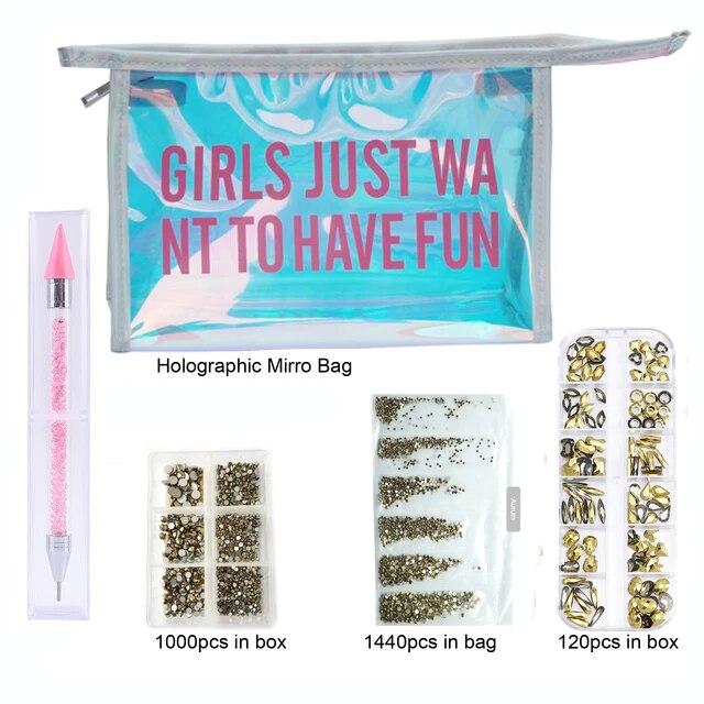 Sada kamínků bez fixace/křišťálové sklo Hotfix kamínky v zrcadlové foliové taštičce manikúrové pero Štrasové příslušenství pro zdobení nehtů