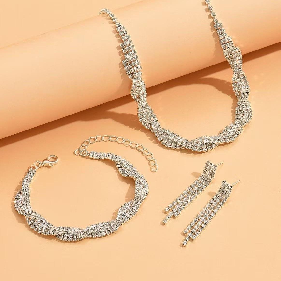Korean Style Woven Necklace  Full Diamond Bridal Jewelry Set for Women серебряный