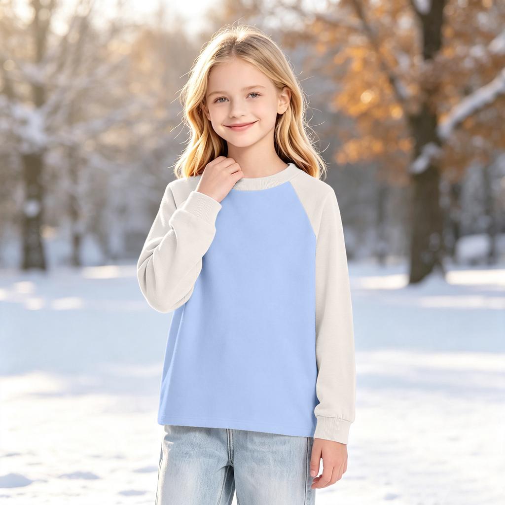 Boys Girls Youth Long Sleeve Raglan T-Shirt, Color Neck Base Layer for Kids