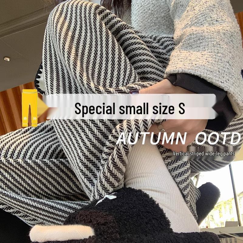 American Retro Pinstripe Woolen Petite Wide-Leg Pants - Casual Straight-Leg Streetwear 145cm