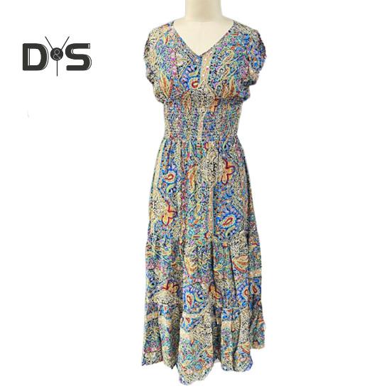 Letnia sukienka maxi z głębokim dekoltem V, krótkim rękawem, w stylu bohemy, z kolorowym nadrukiem, elastyczną wysoką talią, falbankowym szwem na dole, w kształcie litery A, sukienka plażowa