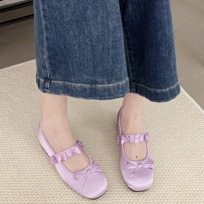 Fashion Fashion Shallow Bow Flat Sandals Women Higher Quality Satin Round Toe Designer Mary Jane Shoes Women Soft Sole Dress Ballet Shoe