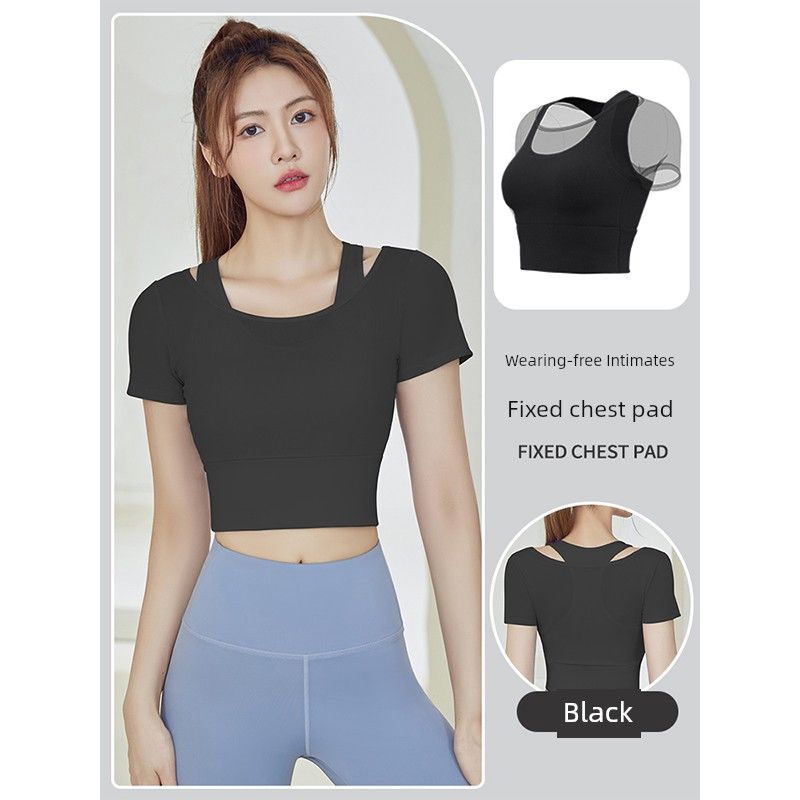 

Одежда для йоги с нагрудными вкладышами, спортивная женская футболка с коротким рукавом, облегающая, быстросохнущая, для бега, длинная, воздухопроницаемая, одежда для тренировок по пилатесу, лето Starshine Black XL