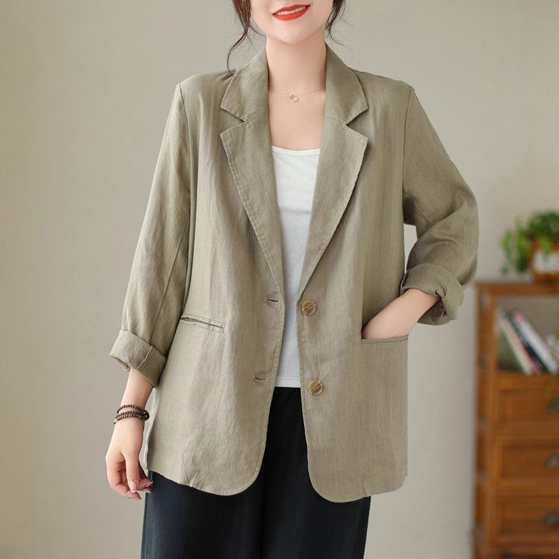 Frühlingsblazer mit langen Ärmeln aus Baumwolle und Leinen für Damen, lässiger Leinenblazer für Damenoberbekleidung