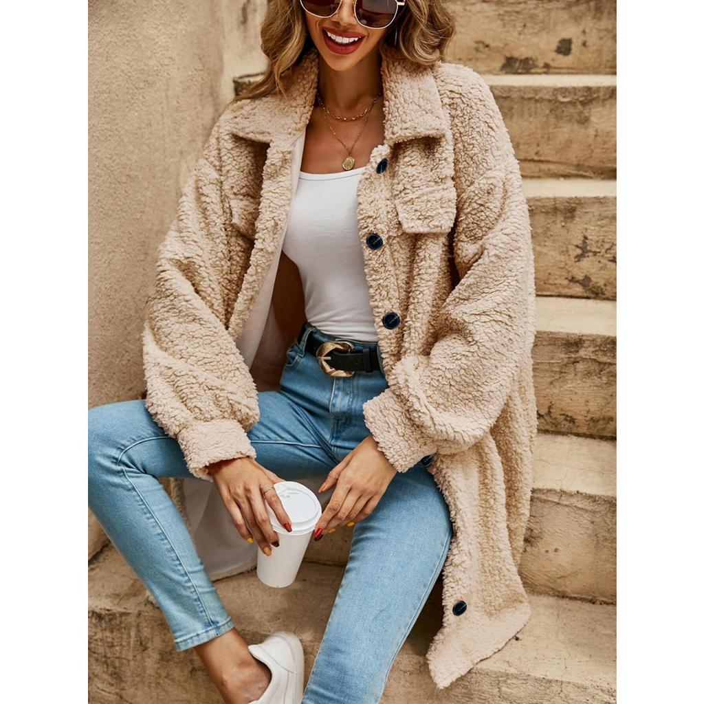 New Women's Winter Long Plush Coat, Lapel Open Button Loose Commute Elegant Overcoat for European American