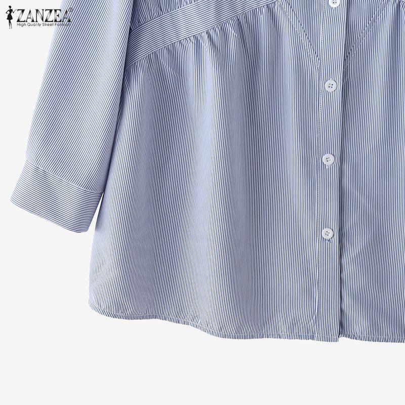 ZANZEA Women Casual Turn Down Collar 3/4 Sleeve Loose Stripe Blouse