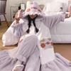 OEING Süßes Cartoon Lila Schwein Kapuzen Bademantel Pyjama Set