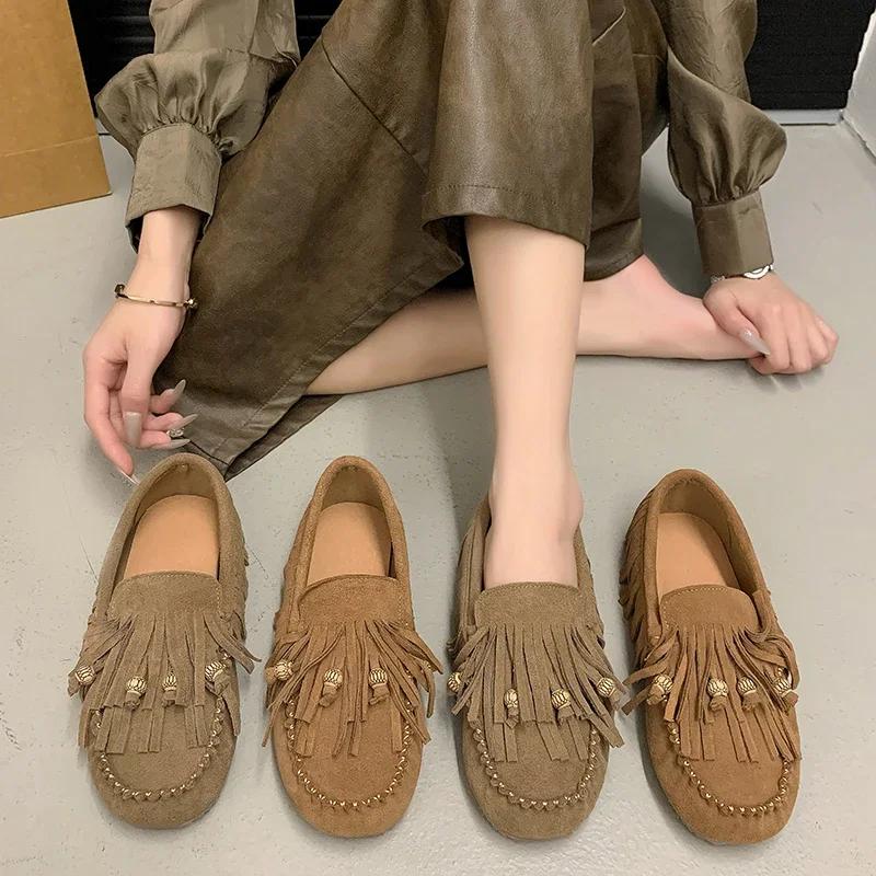 Fashion Flats Luxury Summer All-match Flat Bean Shoes Slip-on Lazy Women's Shoes Soft Soles Shallow Mouth Retro Tassel Women's Shoes