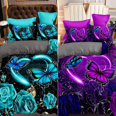 3Pcs Enchanting Butterfly & Rose Floral Duvet Cover Set - Breathable Polyester, Zip Closure, All-Season Comfort - Vibrant Blue