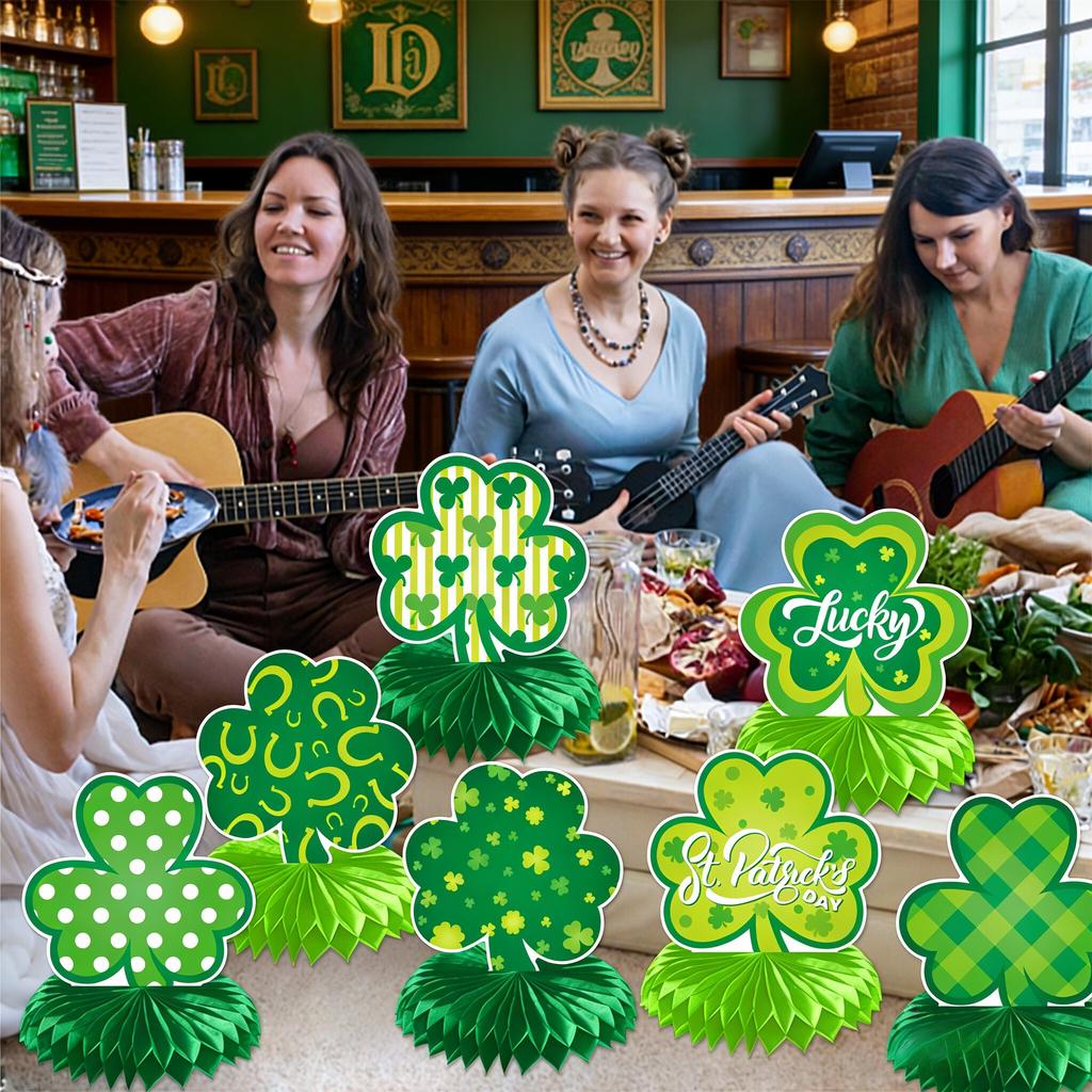 9pcs/set 2026 New Irish Festival Decoration, Clover Honeycomb Ornament, St. Patrick's Day Party Desktop Ornament Honeycomb