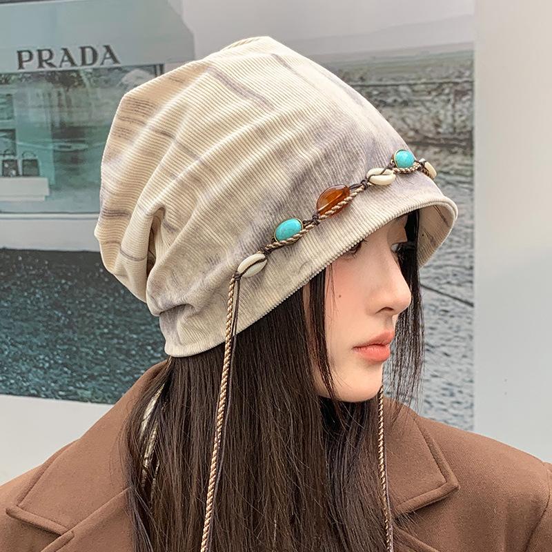 Women'S Autumn/Winter Loose Fit Turban Hat Ethnic Tie-Dye Headwrap Beanie With Beaded Tassel Decor