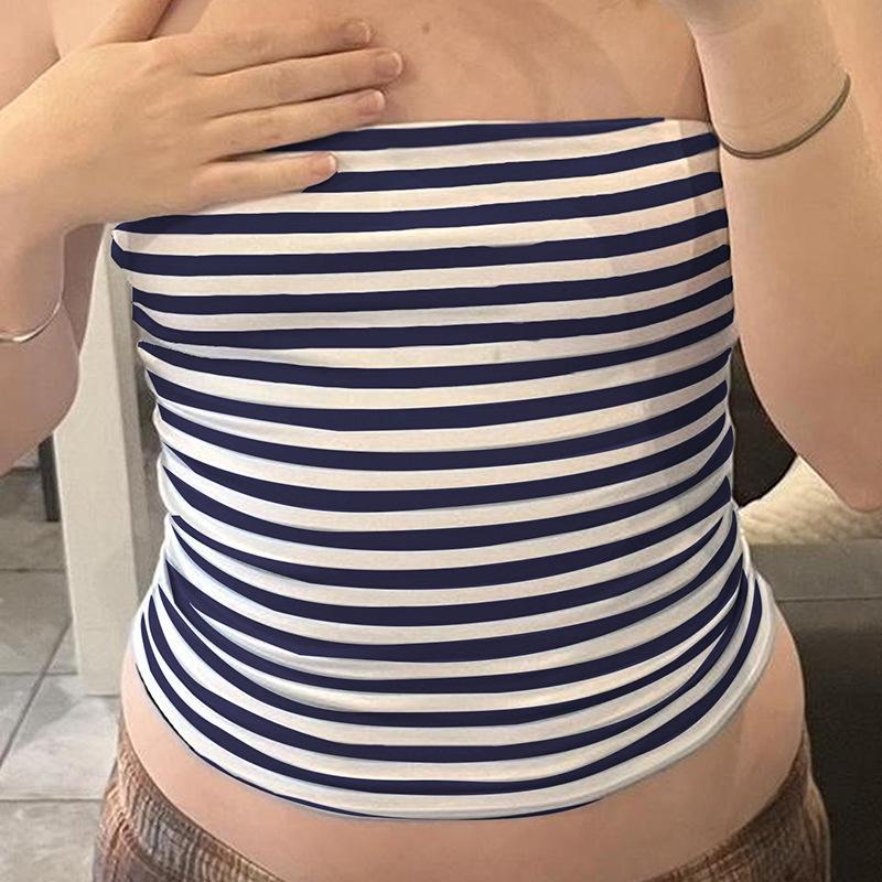 Simple style ins blue and white stripes basic versatile tube top American hot girl sexy backless slim slim and thin chest wrapping woman