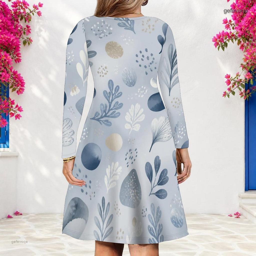 Women Plus Size V Neck Long Sleeve Printed A Line Flared Hem Dress