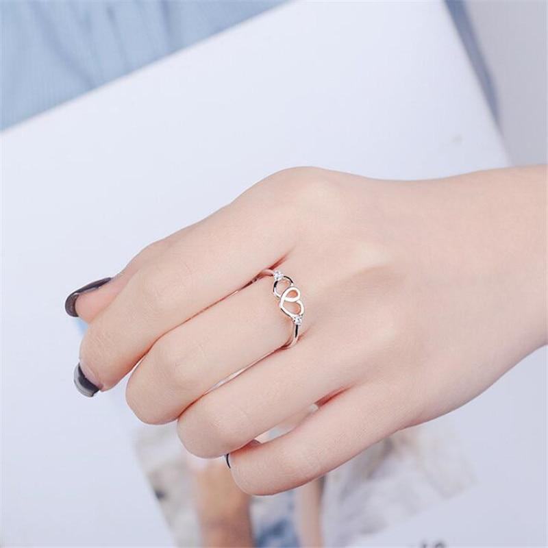 Latest Small Fresh Heart Shaped Creative Double Love Hollow Sterling Tone Jewelry Stylish Fashionable Crystal Stone Opening Rings