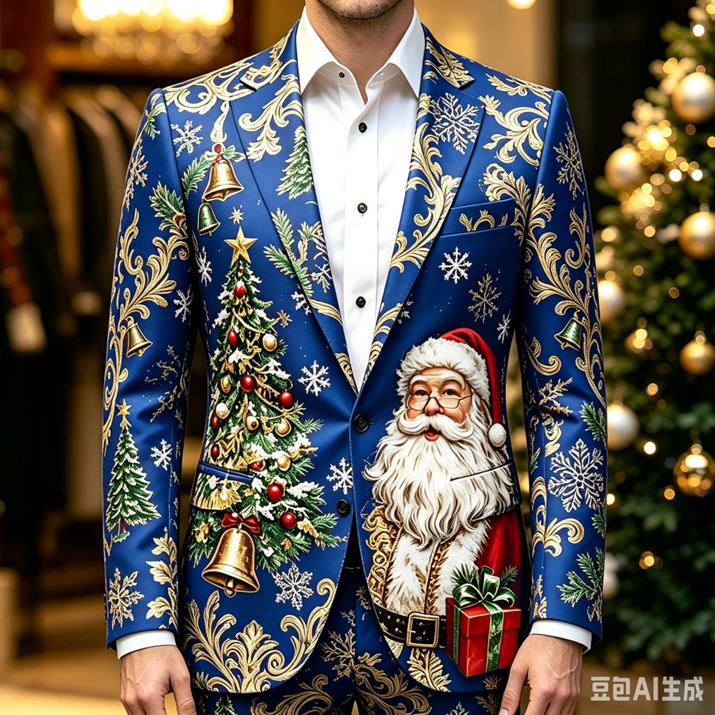 Men's Business Casual Christmas Print Long Sleeve Lapel Jacket No Tie Included