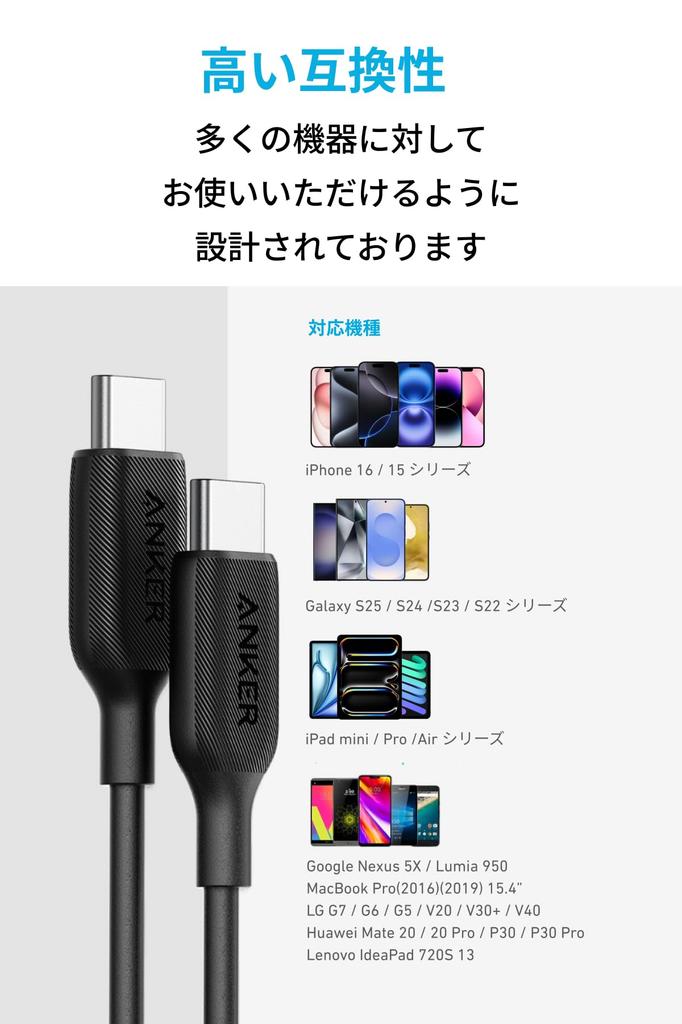 Anker PowerLine III Cable 60W USB PD Compatible with iPhone MacBook iPad and Galaxy USB-C & USB-C 2.0 (0.9m Black) - Ultra-Durable 16/15, Pro/Air,