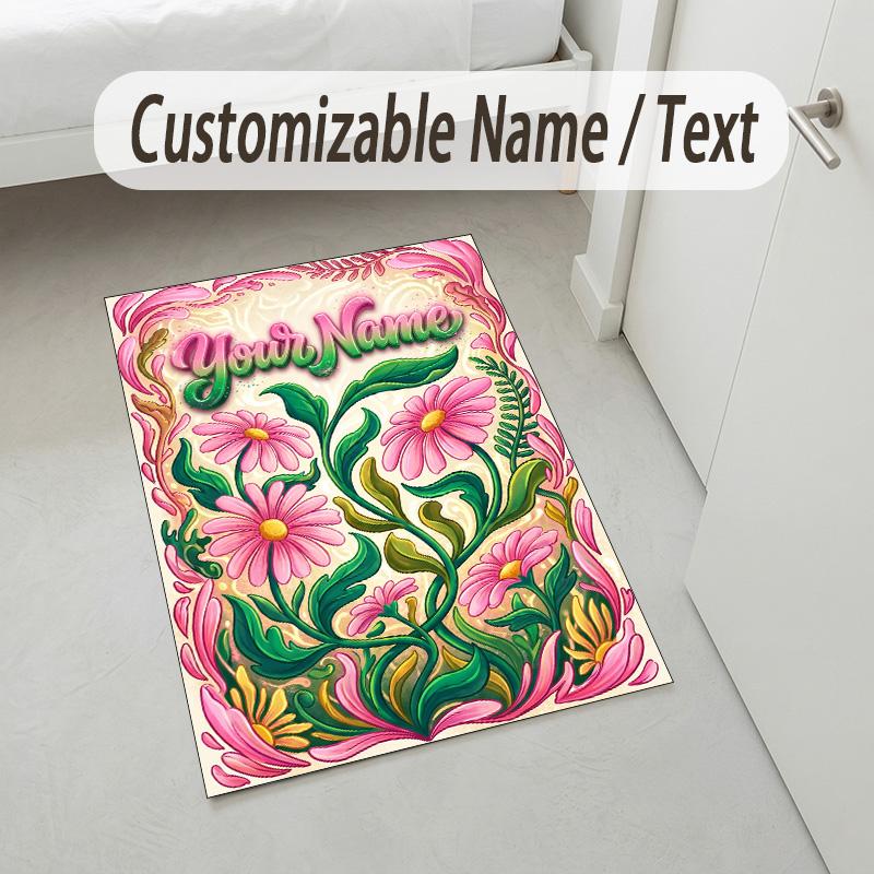 Floral Garden Theme Crystal Velvet Rug Personalized Custom Name Text Soft Floor Mat Home Decor