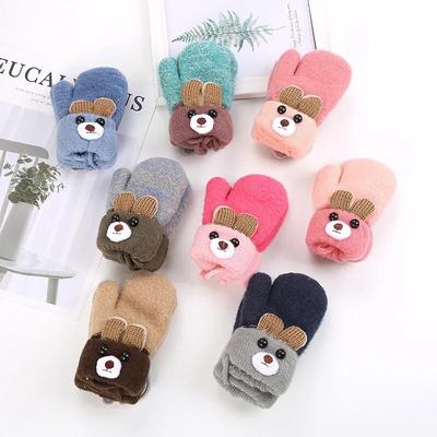 Niedliche Cartoon-Bär-Handschuhe für Jungen und Mädchen, Winter, gestrickte Wollfäustlinge, dicke warme Vollseil-Handschuhe für Kinder von 0–3 Jahren