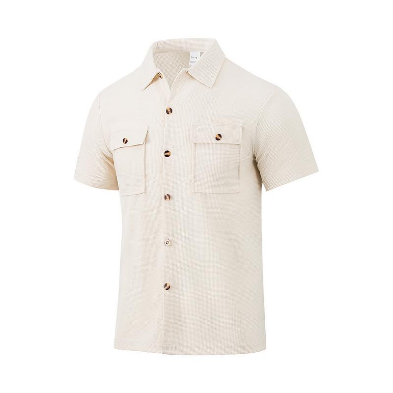 Summer European and American men's waffle short-sleeved casual solid color lapel button-up pocket tooling shirt