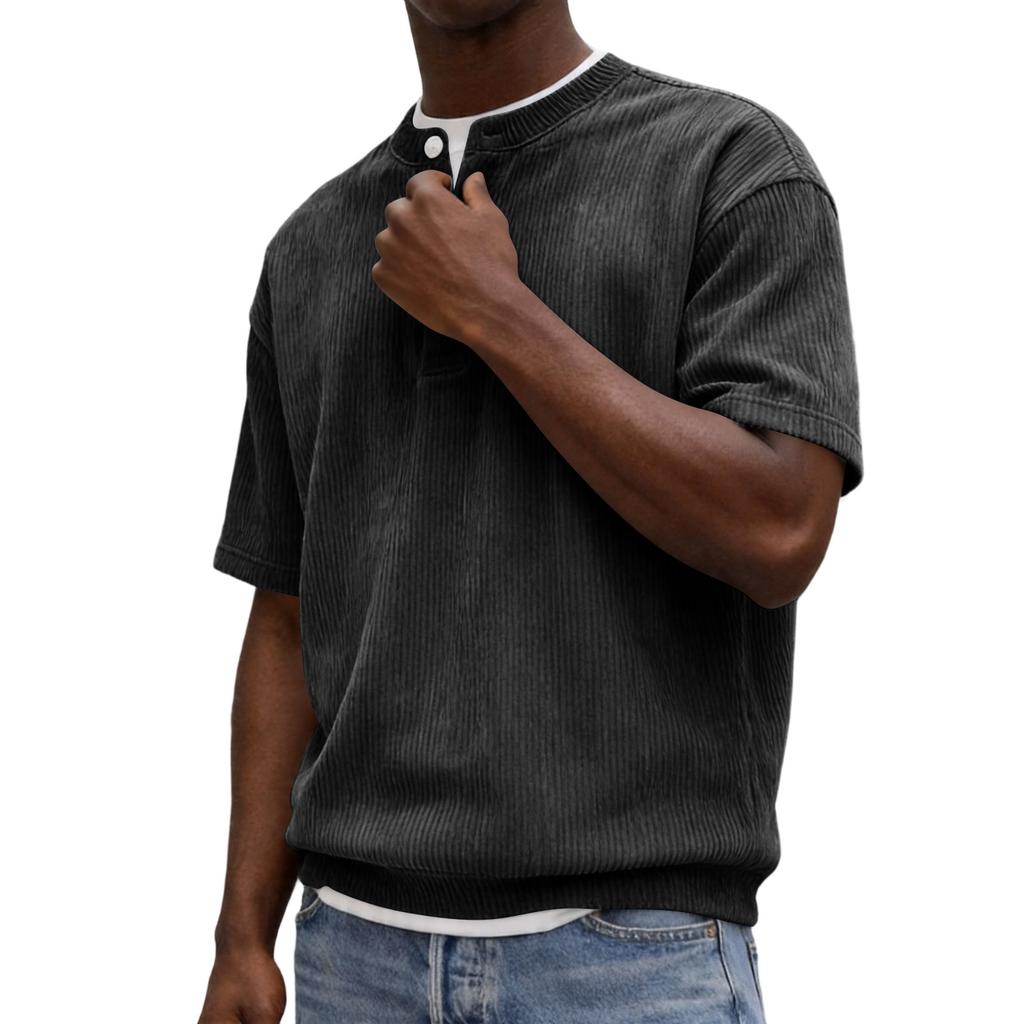 Men Henley Neck Short Sleeve Corduroy Shirt with Button Placket Relaxed Fit Casual Summer Top for Everyday Wear