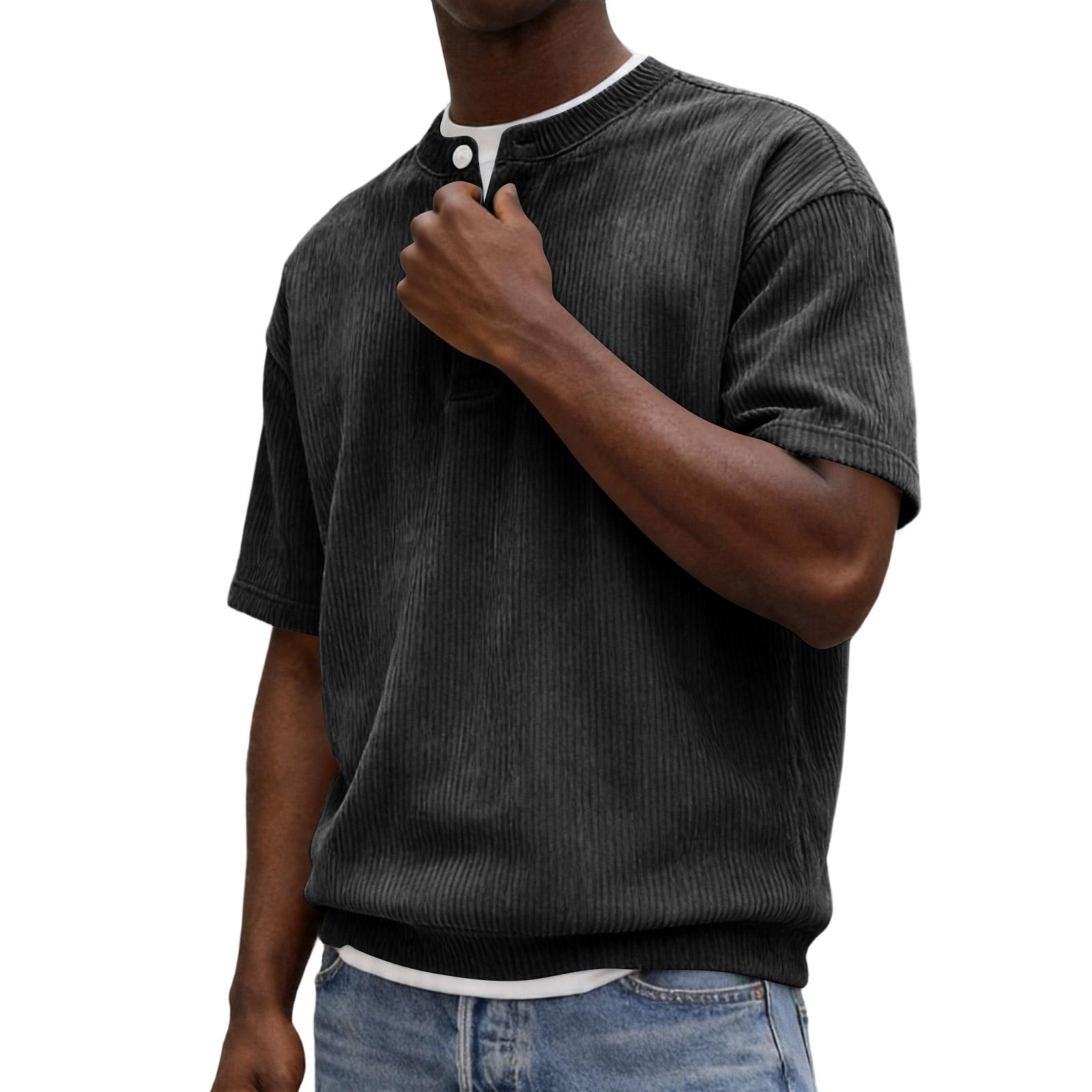 

Men s Shirt - Color Casual Plain Short-Sleeved Button-Up Shirt L чёрный