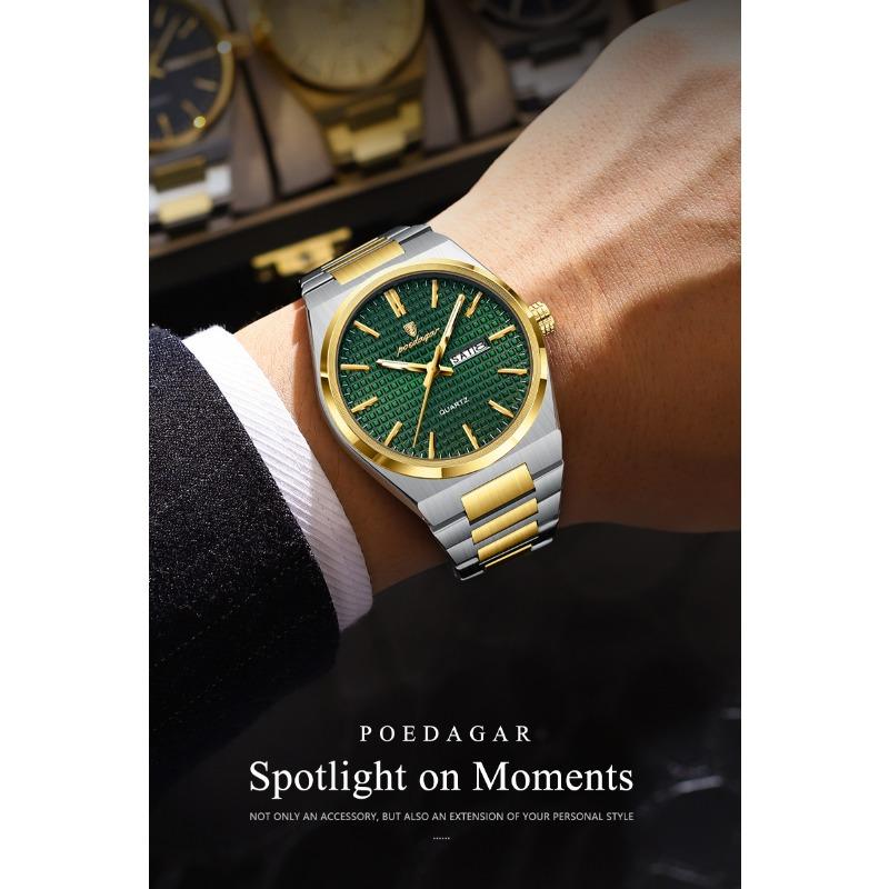 POEDAGAR Luxe Herenhorloge Datum Week Waterdicht Lichtgevend Roestvrij Staal Horloge voor Man Casual Kwarts Horloges Mannelijk Sport+Doos