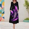 Women Plus Size V Neck Long Sleeve Black Purple Floral Print A Line Midi Dress With Pockets