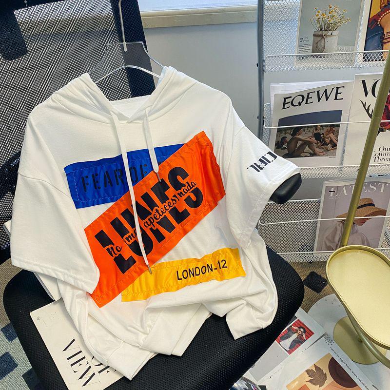 

Лето 2025 Женская футболка с капюшоном и коротким рукавом, укороченная, больших размеров - Модный топ свободного кроя L белый