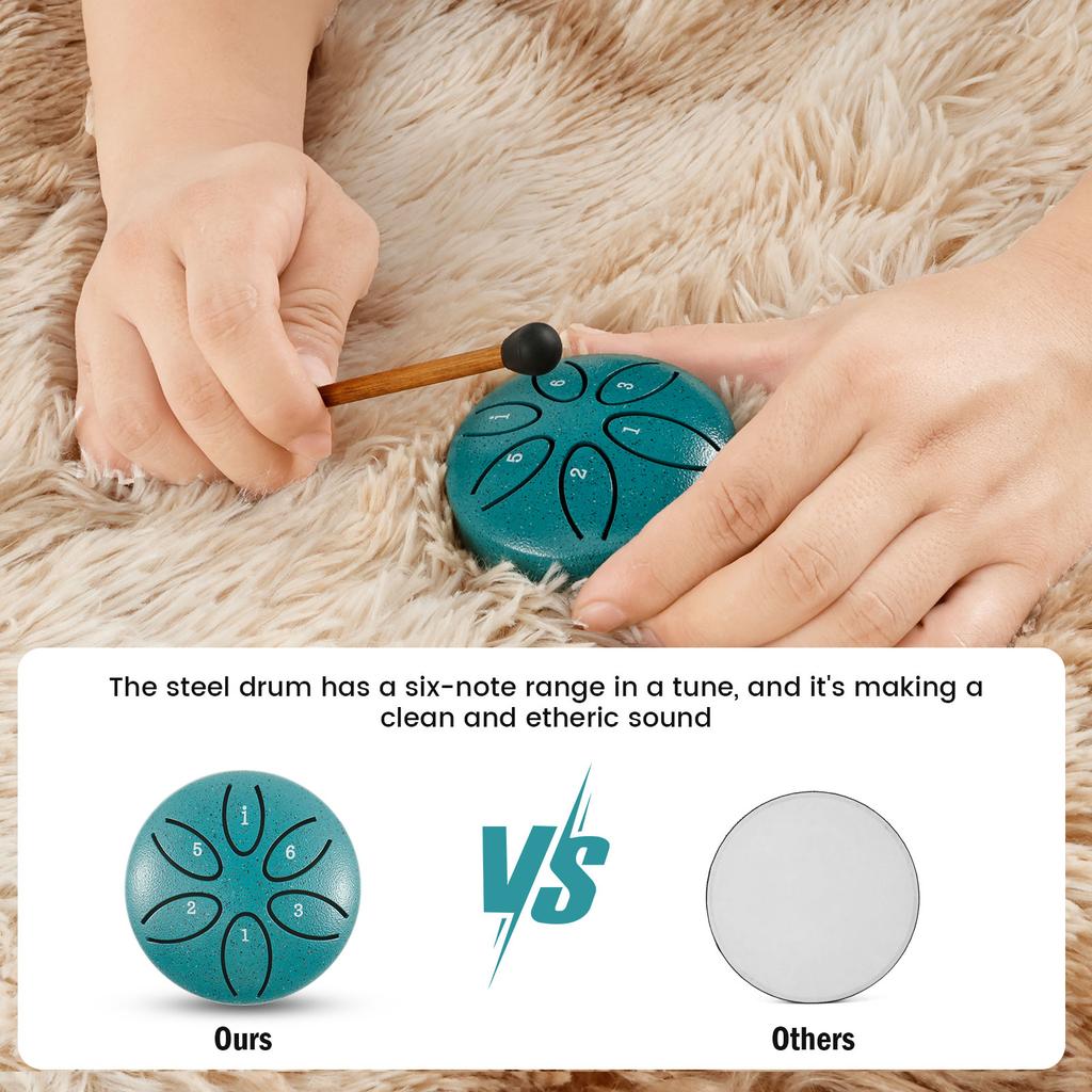 3 Inch Steel Tongue Drum 6 Tone Handheld Instrument Mini Hand Drum with Drums Sticks Outdoors Rain Drums for Yoga and Meditation