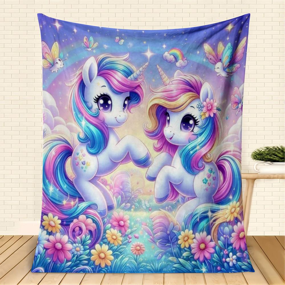 Coperta in Pile Unicorno Cartone Animato Stampa Farfalla Arcobaleno Floreale Coperta Plaid Morbida Accogliente Stile Fantasy per Bambini Portatile
