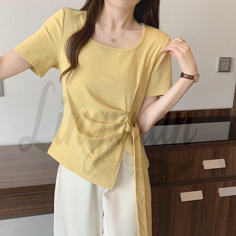 Plus Size Women s Irregular Split Shoulder Tie-up Waist Chic T-Shirt - Short Sleeve, Slimming, Tummy Cover, Summer Top 4XL жёлтый