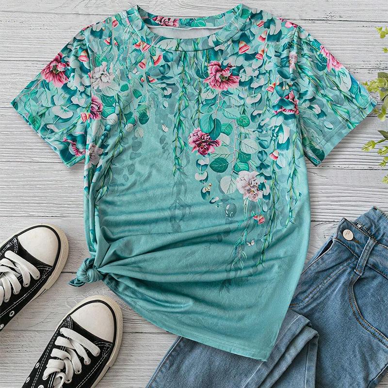 Fashion Women Creative Colorful Flower Splicing Print T Shirt Funny Casual O-neck Short Sleeves T-shirt Summer Female Tee Shirt