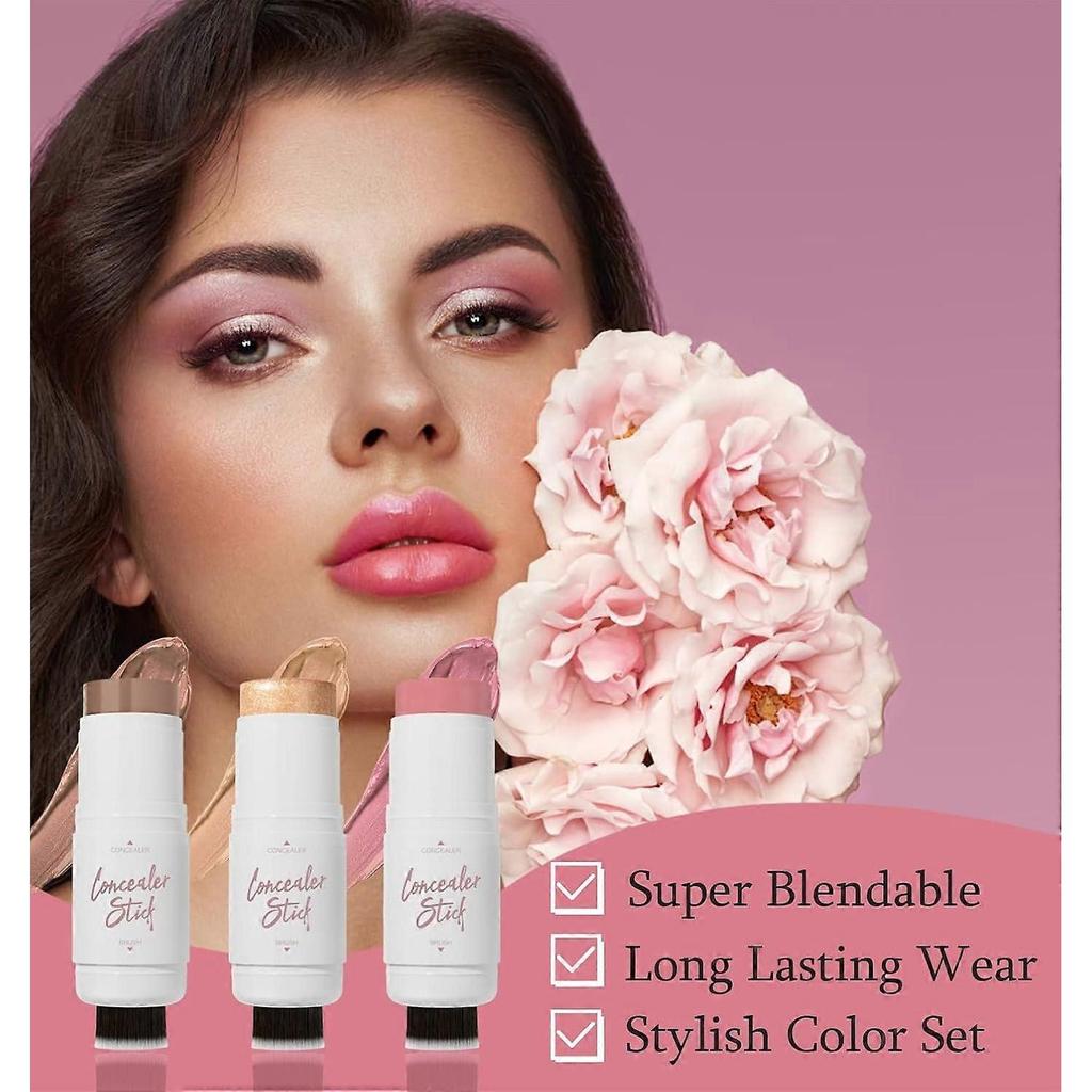 Contour Stick, Highlighter Makeup Stick, Blush Stick, Bronzer Stick, Contour Highlighter Blush Stick Kit with Brush for Flawless Look, Waterproof Long