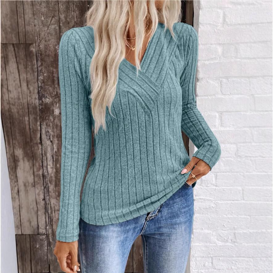 2025 Women's European & American Style V-neck Ribbed Casual Slim Fit Long Sleeve Autumn/Winter T-shirt
