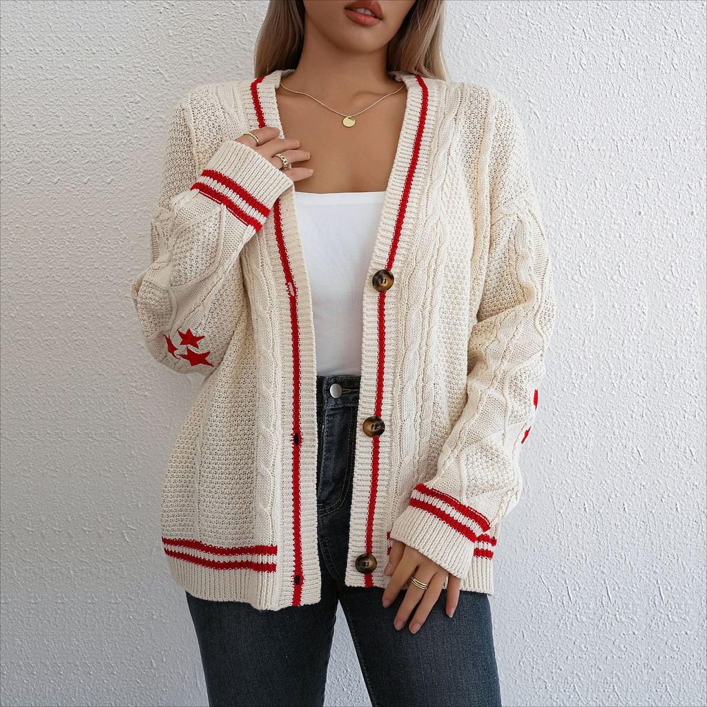 Autumn Winter Loose Knitted Cardigans Coat Women Star Embroidery Sweaters Streetwear Vintage Casual Single Breasted Long Sleeve Top